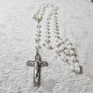 #530 White Bead cross Rosary  17 inches long